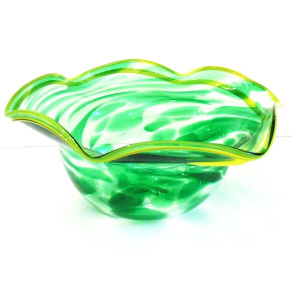 Studio Art Glass Hand Blown 13" SERVING BOWL Green Swirl Yellow Band Ruffle Rim - Picture 1 of 7